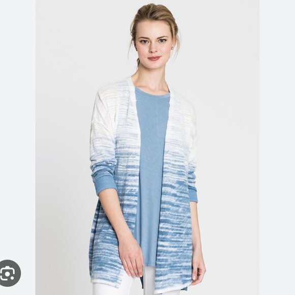 Nic + Zoe Blue White Open Breeze Linen Cotton Ombre Long Sleeve Cardigan Medium - Picture 2 of 14